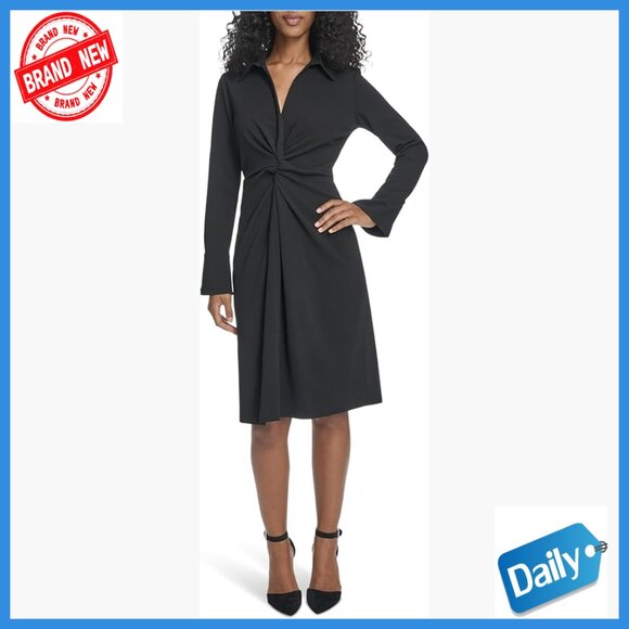 Long Sleeve Midi Dress with Collar and Twist Front Polyester Blend